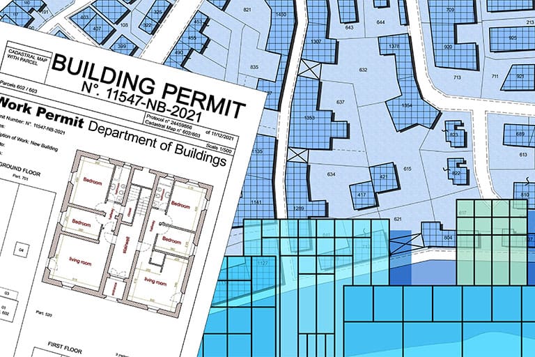 Building Permit with imaginary General Urban Plan and cadastral map